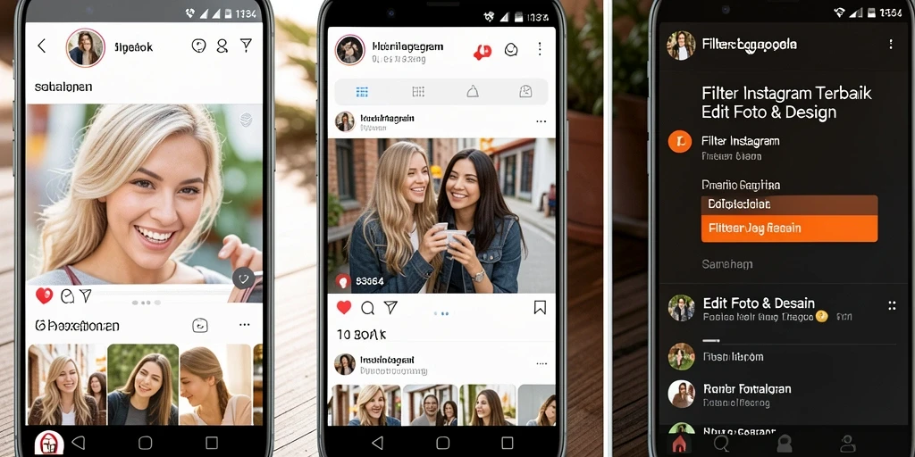Tampilan antarmuka aplikasi 8364 dengan berbagai pilihan filter Instagram.