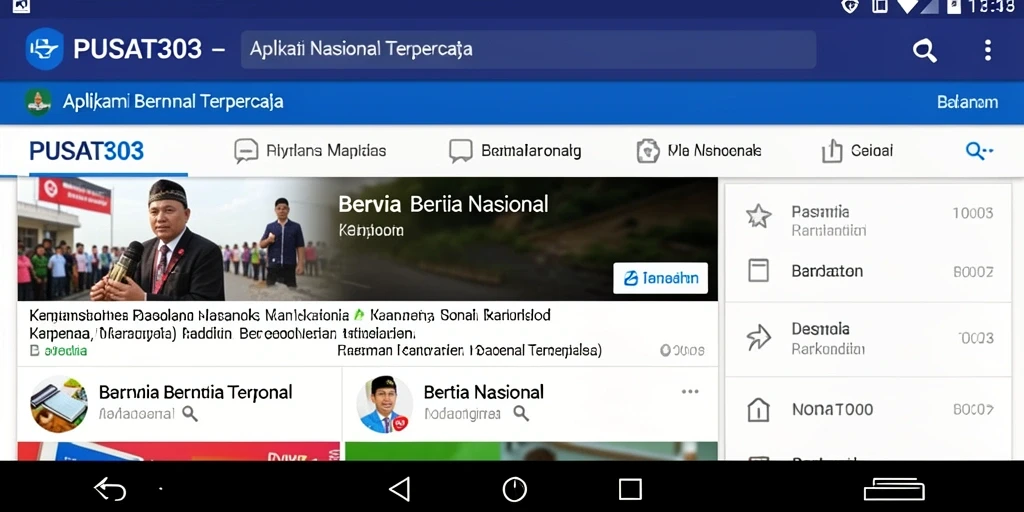 Tampilan antarmuka aplikasi PUSAT303 dengan berita nasional terkini.