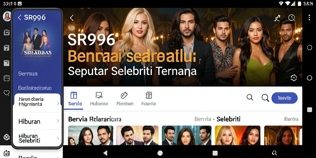 Tampilan modern aplikasi SR996 dengan berita selebriti terkini.